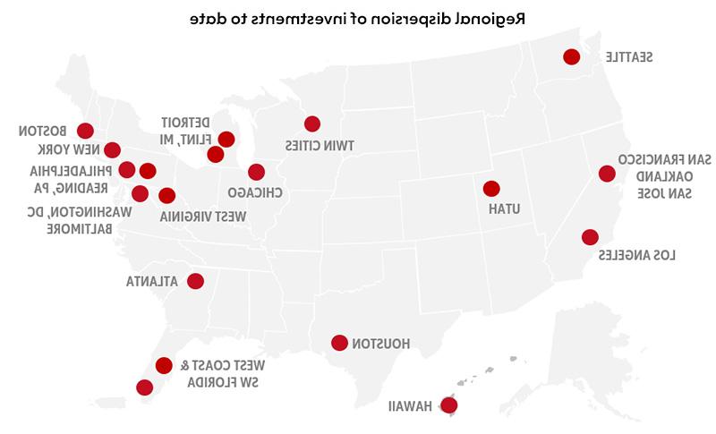 a light grey U.S. 地图上的红点表示AHA社会影响基金迄今为止投资的区域分布